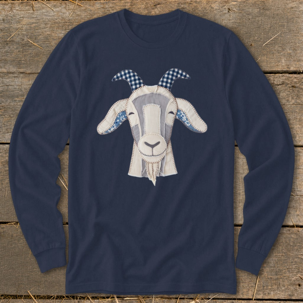 Navy long-sleeved shirt with a fabric appliqué of a goat's head.