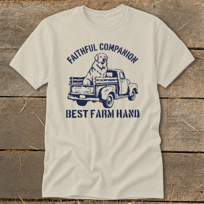 T-shirt graphic with navy print of dog in truck, "Faithful Companion Best Farm Hand".