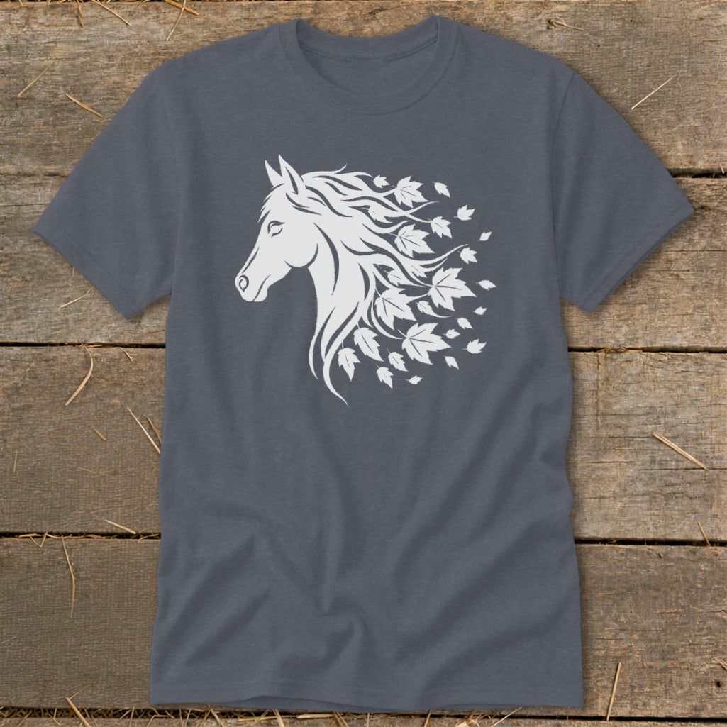White horse head with flowing mane and leaves design on a dark gray t-shirt.