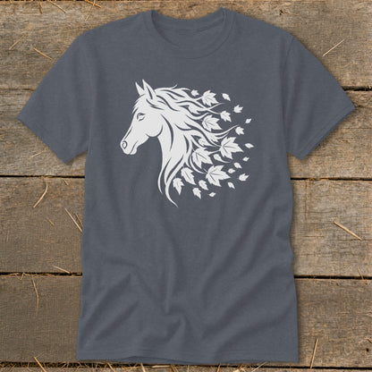 White horse head with flowing mane and leaves design on a dark gray t-shirt.