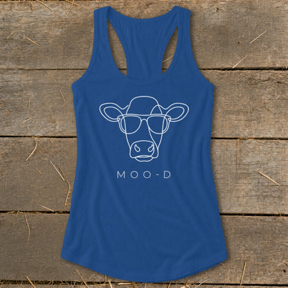 Blue tank top with a white outline of a cow wearing sunglasses and the text "MOO-D".