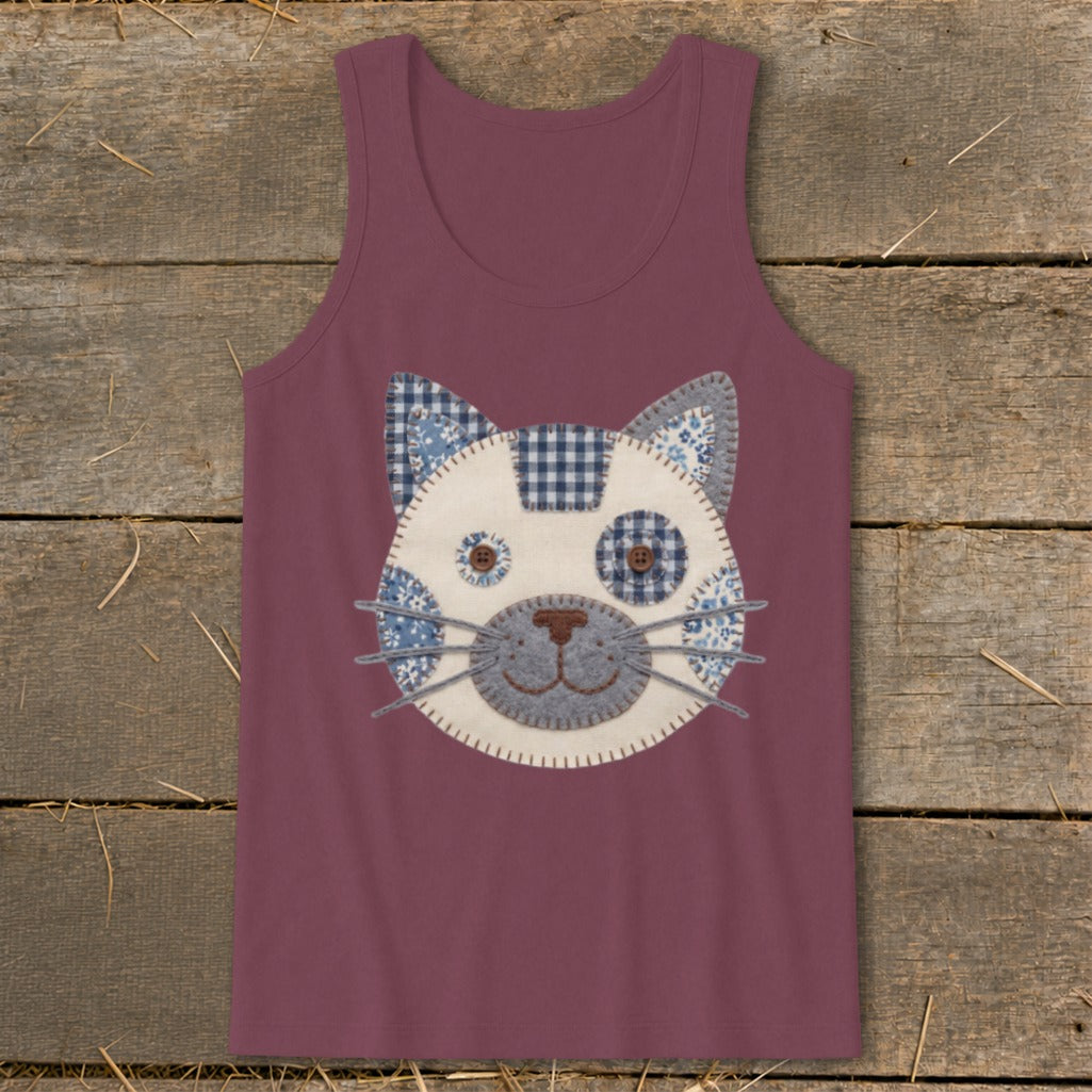 Burgundy tank top with a quilted cat face applique and checkered ears.