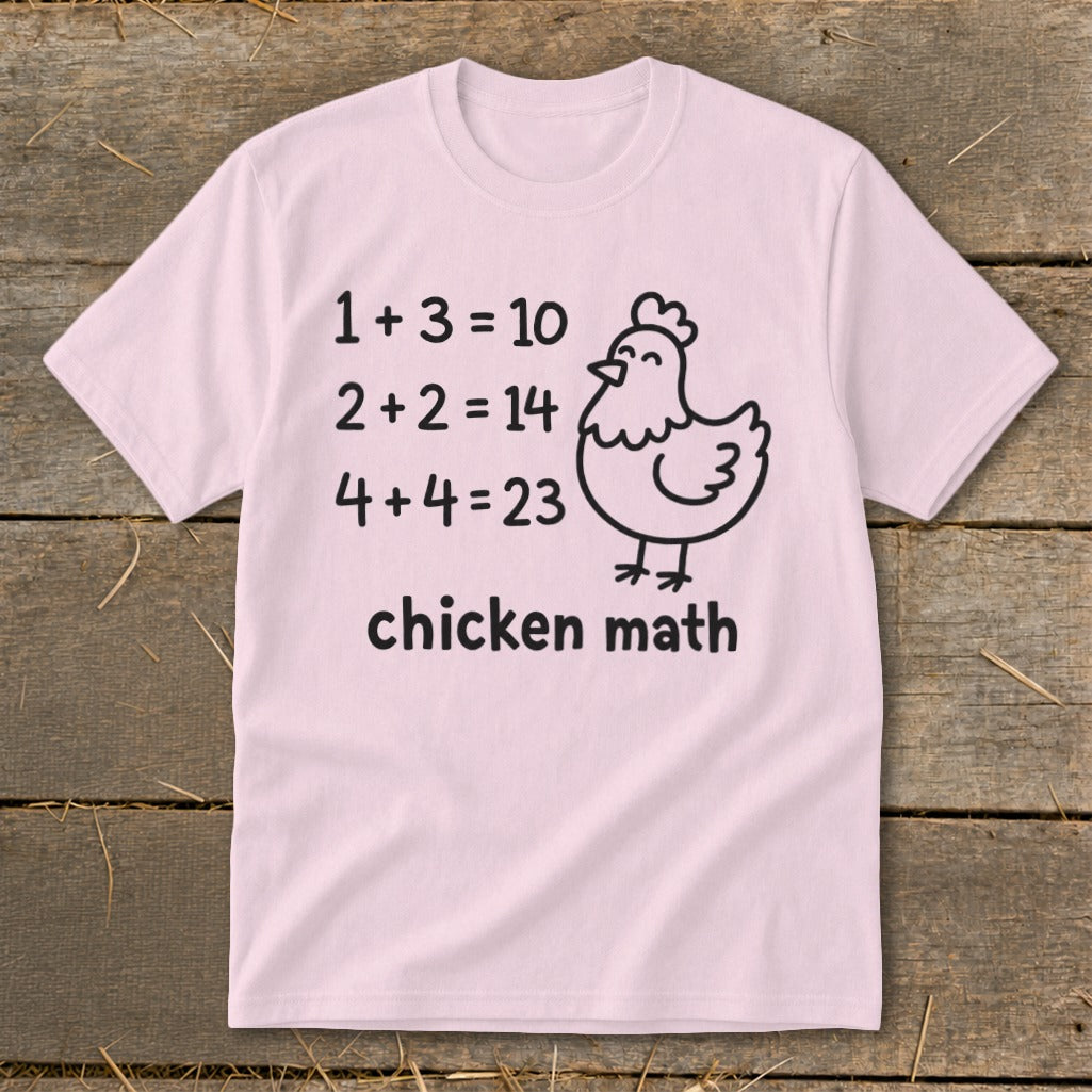 Pink t-shirt with "chicken math" text and a cartoon chicken illustration.