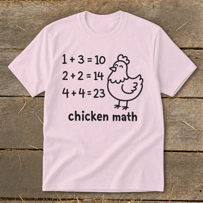 Pink t-shirt with "chicken math" text and a cartoon chicken illustration.