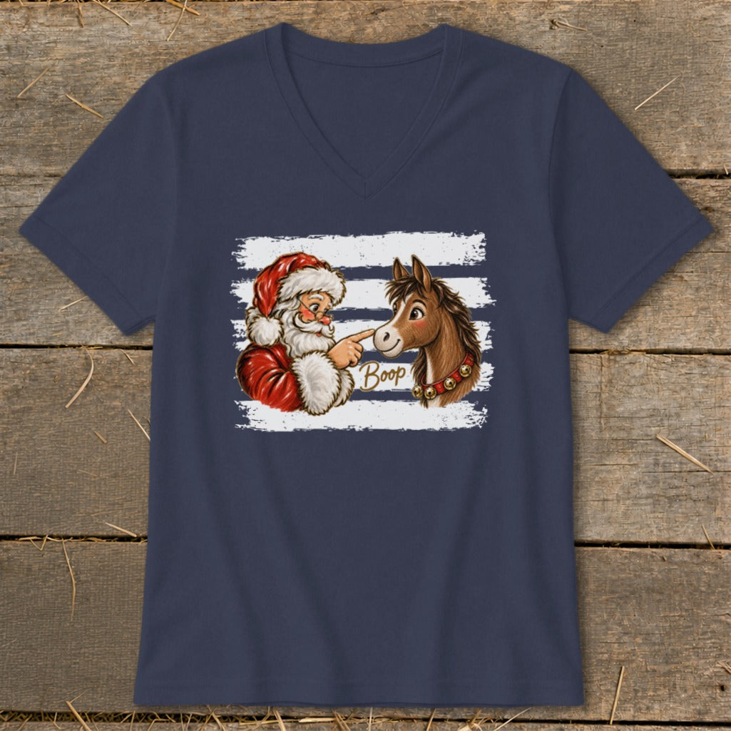 Santa booping a donkey with "Boop" text on a navy v-neck shirt.