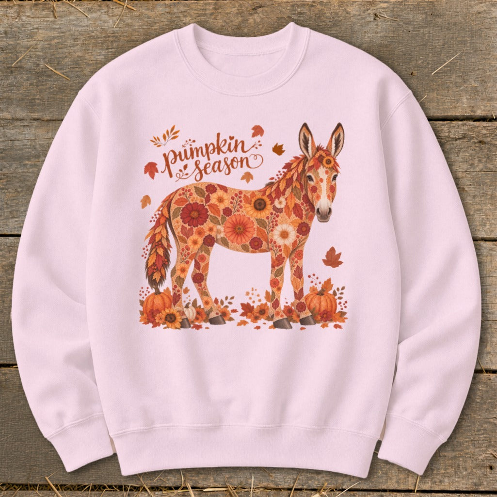 Pink sweatshirt with a floral donkey and "Pumpkin Season" text.
