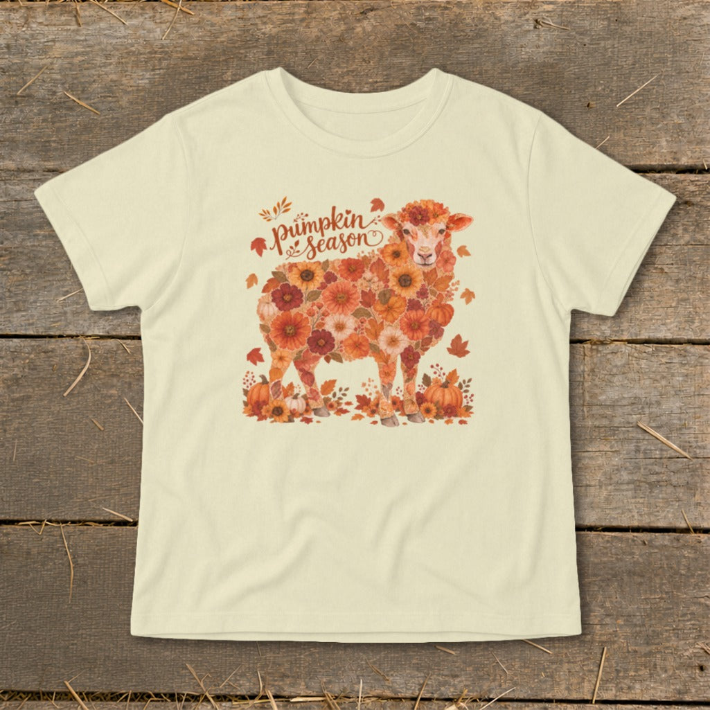 Cream t-shirt with a sheep illustration made of pumpkins and autumn flowers.