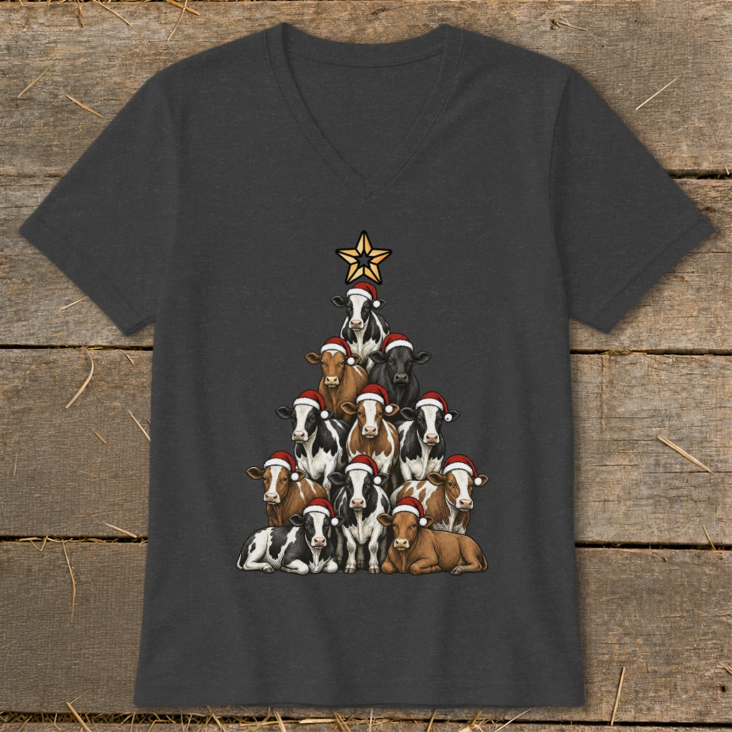Christmas tree made of cows wearing Santa hats, topped with a star.
