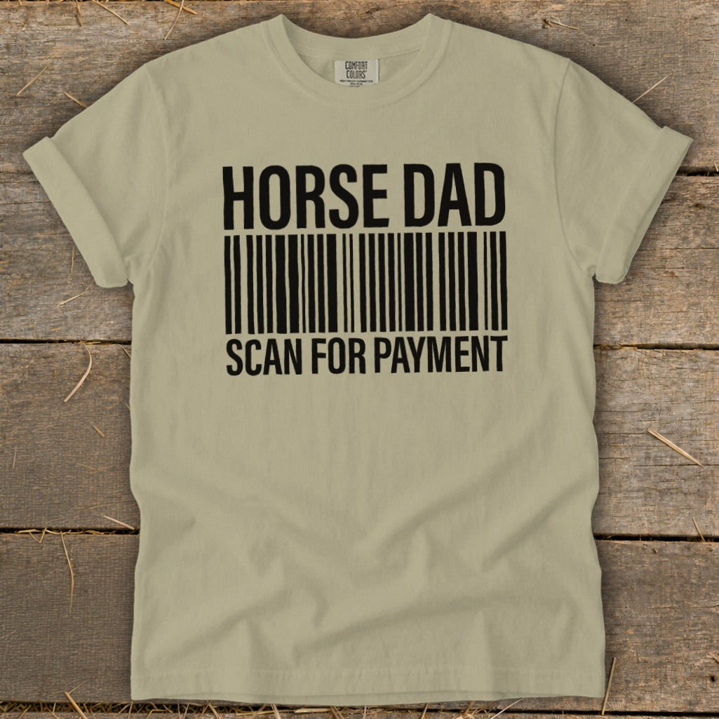 T-shirt with "HORSE DAD SCAN FOR PAYMENT" text and a barcode.