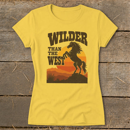 Yellow t-shirt with "WILDER THAN THE WEST" and rearing horse graphic.