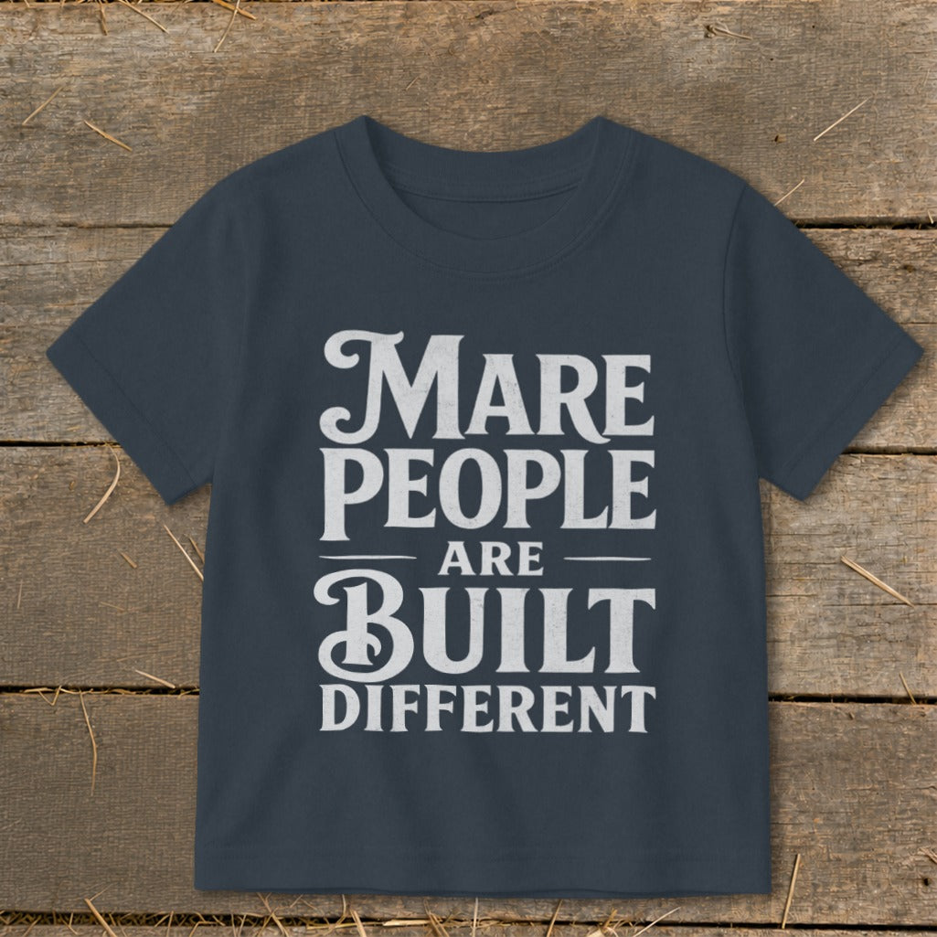 Navy t-shirt with white text reading "Mare People Are Built Different".