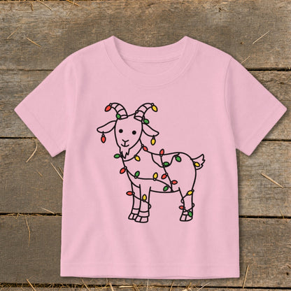 Pink t-shirt with a line drawing of a goat decorated with colorful Christmas lights.