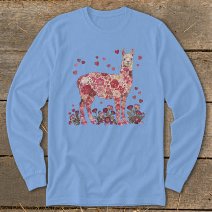 Light blue long-sleeve shirt with a llama made of flowers and scattered hearts.