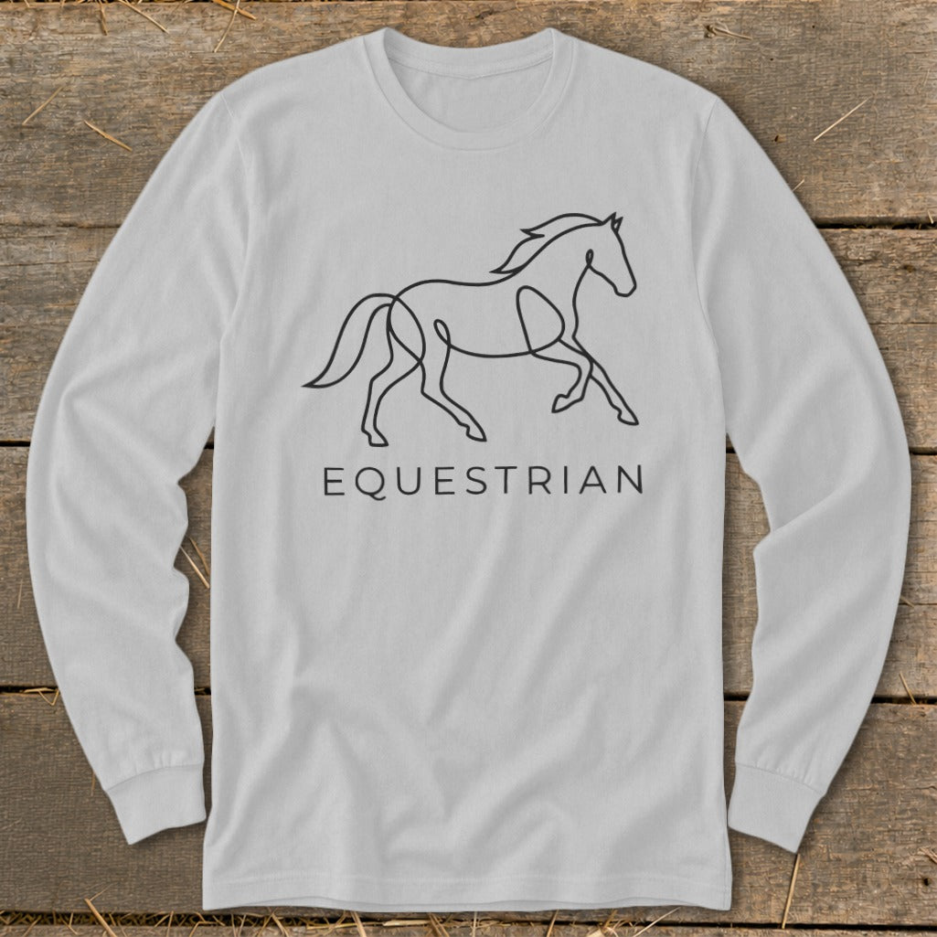 Light grey long-sleeve shirt with black line art of a horse and the word EQUESTRIAN.