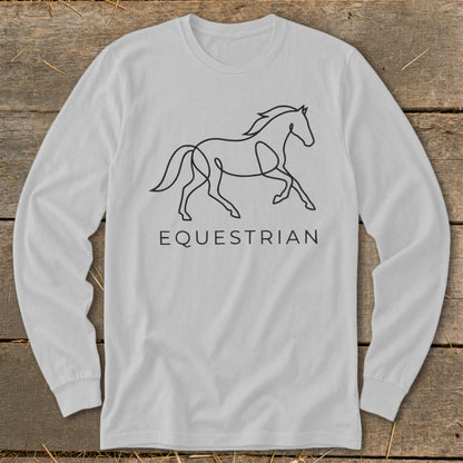 Light grey long-sleeve shirt with black line art of a horse and the word EQUESTRIAN.