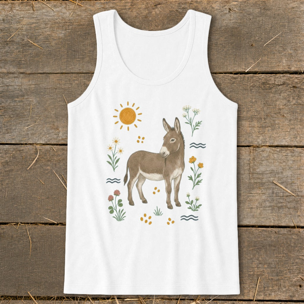 White tank top featuring a brown donkey surrounded by flowers, a sun, and waves.