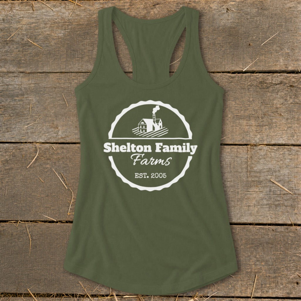 Olive green tank top with "Shelton Family Farms Est. 2005" logo.