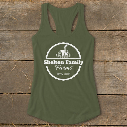 Olive green tank top with "Shelton Family Farms Est. 2005" logo.