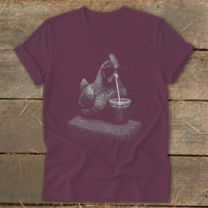 T-shirt with line drawing of chicken drinking from a cup with a straw.