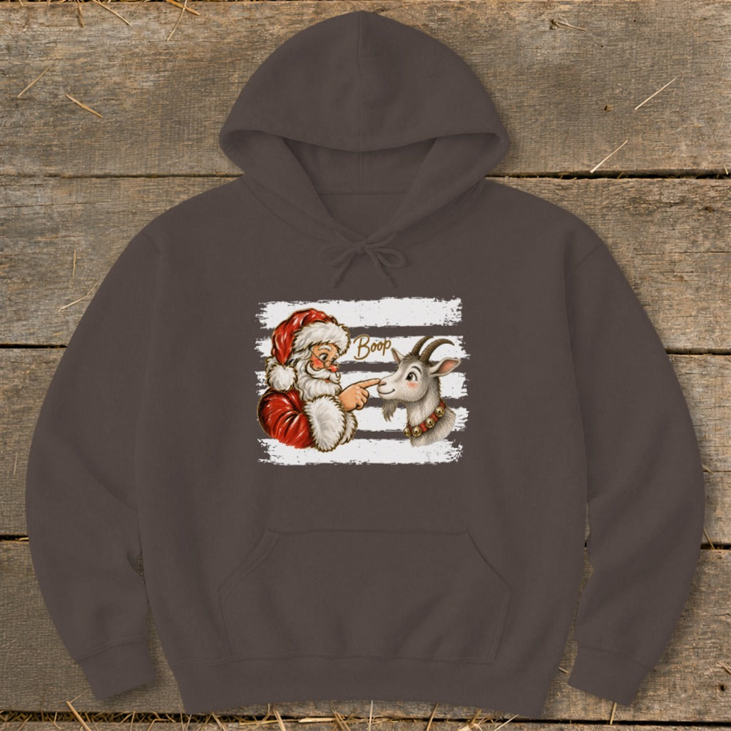 Santa booping a goat with "Boop" text on a striped background.