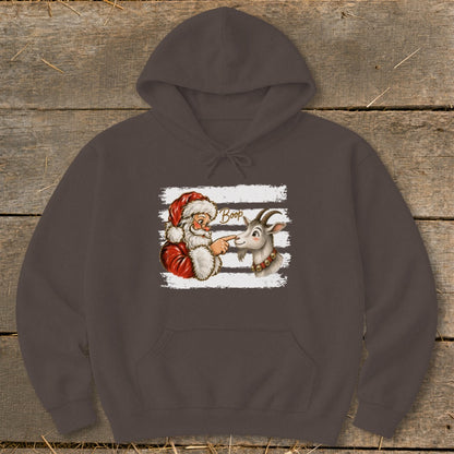 Santa booping a goat with "Boop" text on a striped background.