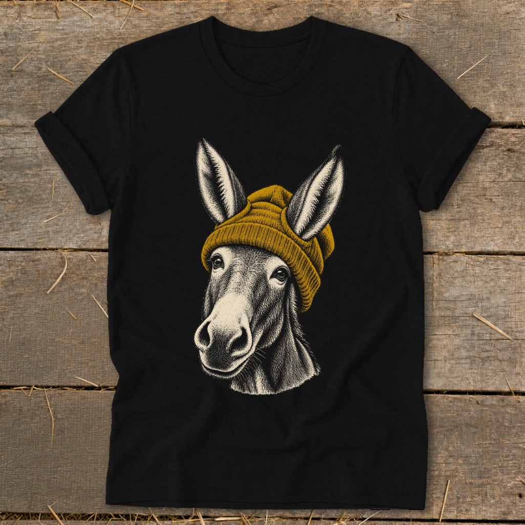 Black t-shirt featuring a detailed illustration of a donkey wearing a yellow beanie.