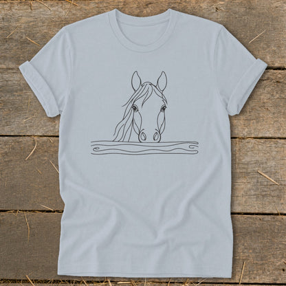 Light blue t-shirt with a minimalist line drawing of a horse's head over wavy lines.