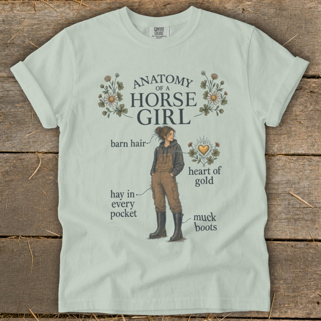 Anatomy of a Horse Girl graphic with barn hair, hay, heart of gold, and muck boots.