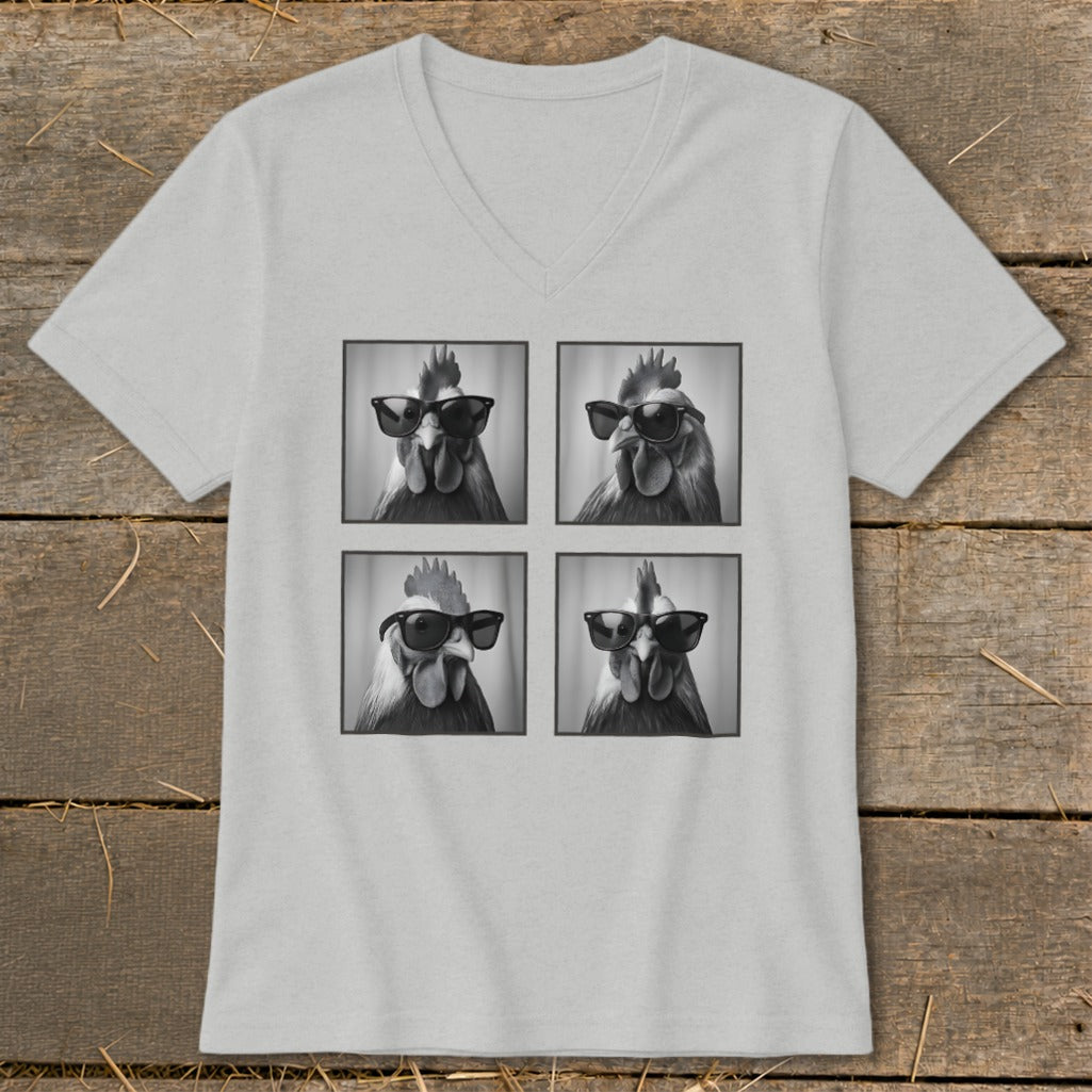 Four black and white portraits of roosters wearing sunglasses in a grid on a t-shirt.