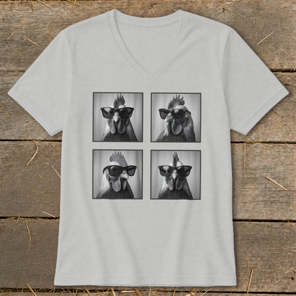 Four black and white portraits of roosters wearing sunglasses in a grid on a t-shirt.
