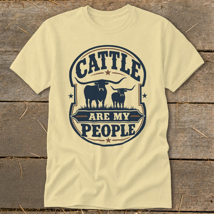 Cream t-shirt with "Cattle Are My People" text and two longhorn cattle graphics.