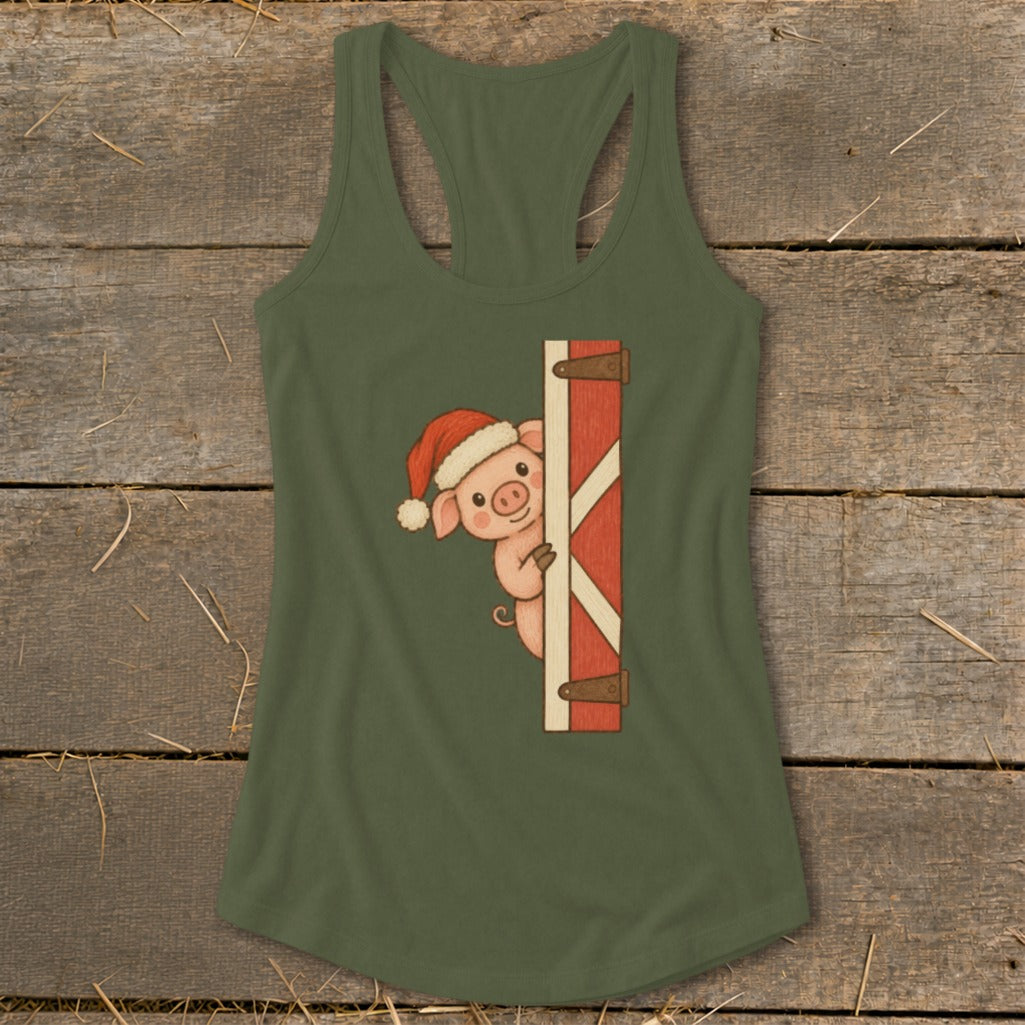 Green tank top with a cartoon pig wearing a Santa hat peeking from behind a barn door.