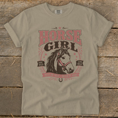Tan t-shirt with "Horse Girl" text, horse head, and "Ride Bold Live Wild" phrases.
