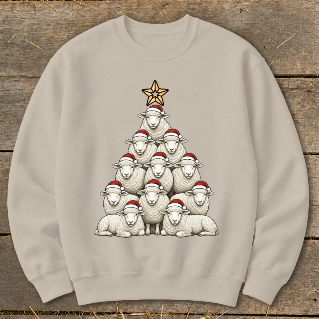 Crewneck sweatshirt with a Christmas tree made of sheep wearing Santa hats.