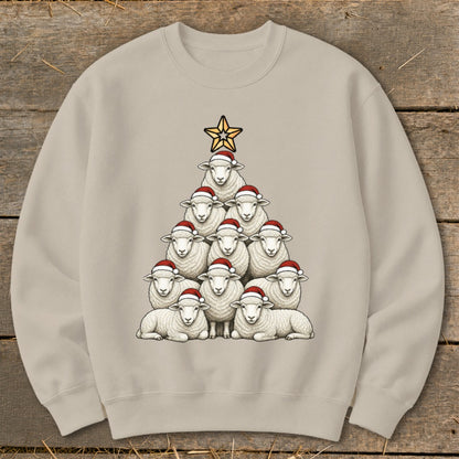 Crewneck sweatshirt with a Christmas tree made of sheep wearing Santa hats.