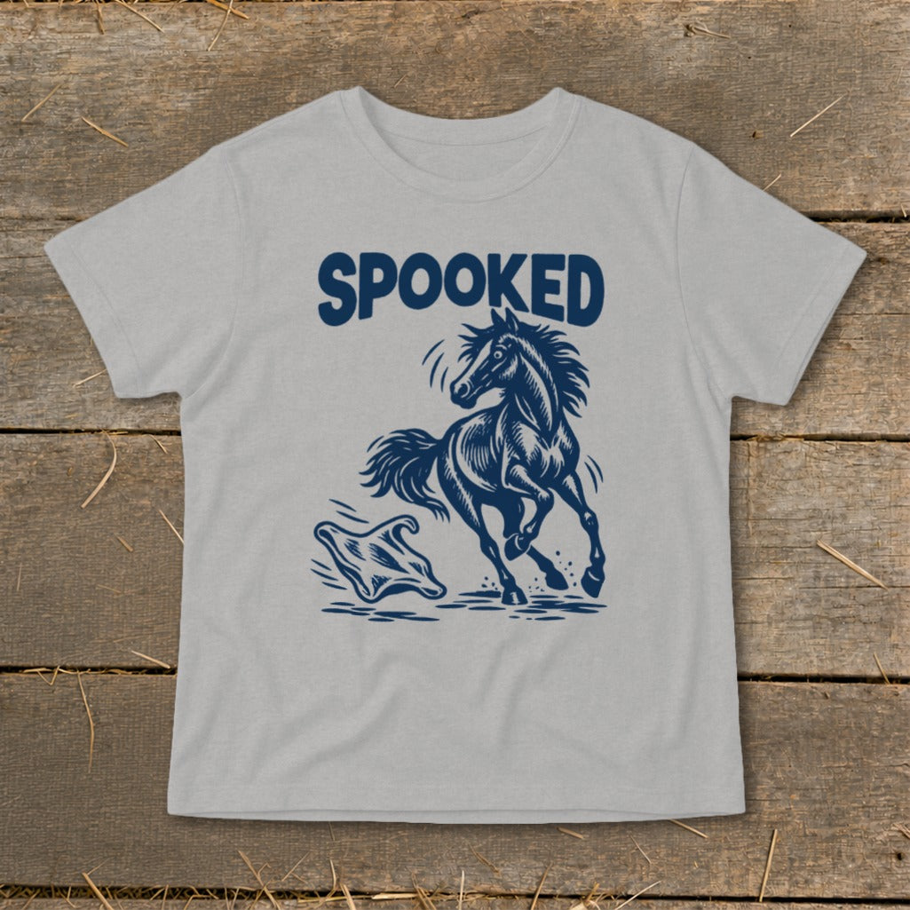 Gray t-shirt with "SPOOKED" and a scared horse next to a ghost graphic.