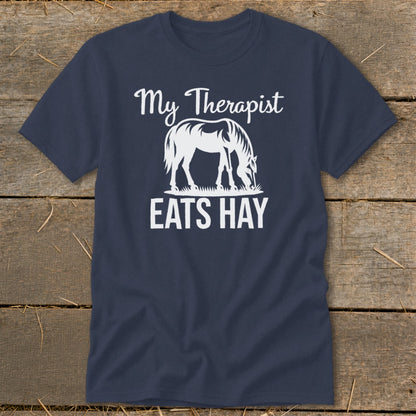 Navy t-shirt with white text "My Therapist Eats Hay" and a horse graphic.