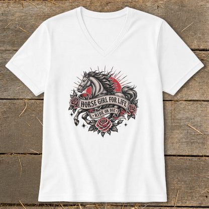 White t-shirt with a vintage horse and roses graphic that says "Horse Girl For Life" and "Ride Or Die".