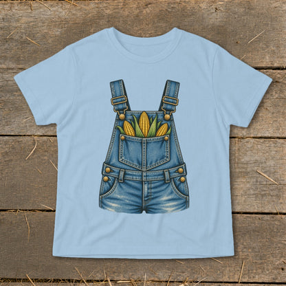Light blue t-shirt with denim overalls graphic filled with corn cobs.