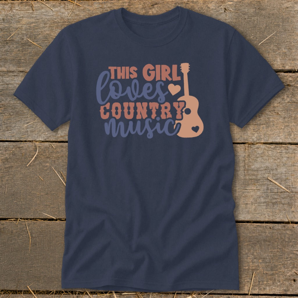 Navy t-shirt with "This Girl Loves Country Music" and guitar graphic.