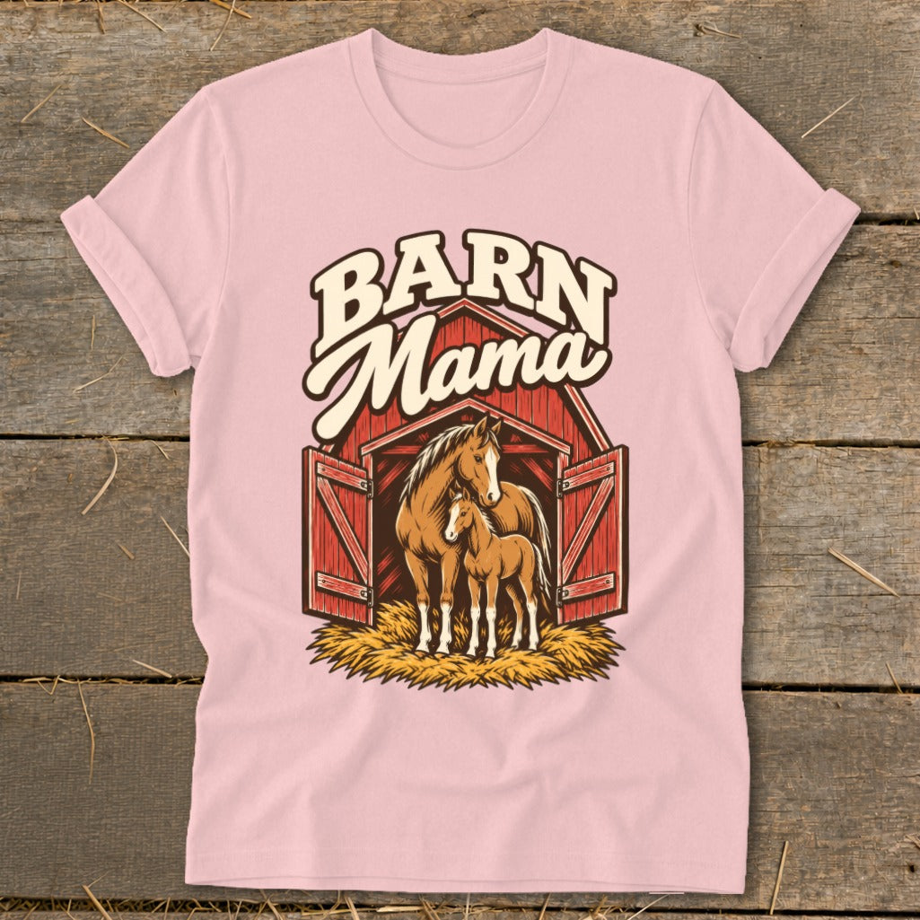 Barn Mama text above a mare and foal inside a barn with open doors.