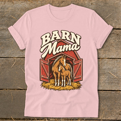 Barn Mama text above a mare and foal inside a barn with open doors.