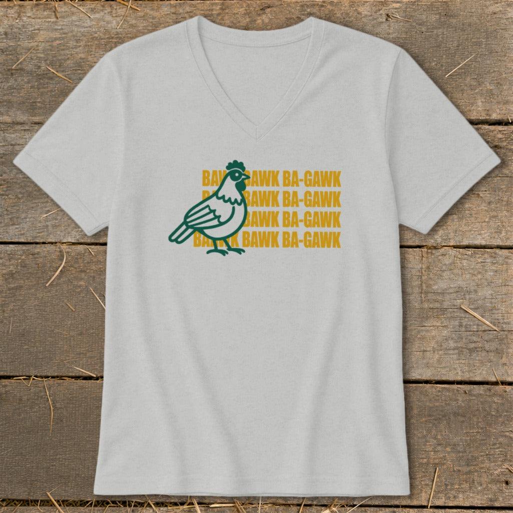 Green chicken graphic with repeating text "BAWK BA-GAWK" on a light gray t-shirt.