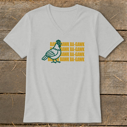Green chicken graphic with repeating text "BAWK BA-GAWK" on a light gray t-shirt.