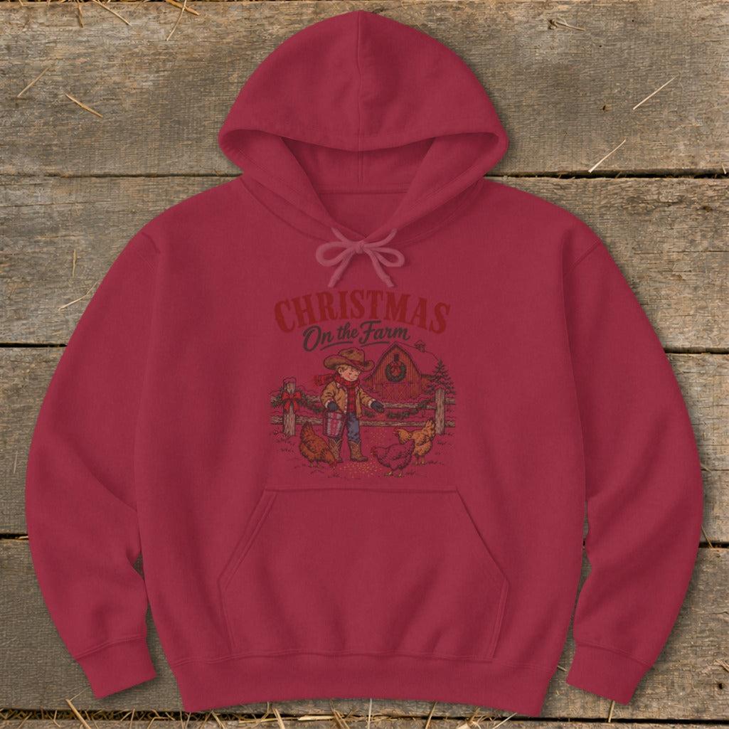 Maroon hoodie with a Christmas farm graphic and text that reads "Christmas On the Farm".