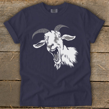 Navy t-shirt with a cartoonish white goat head design screaming.