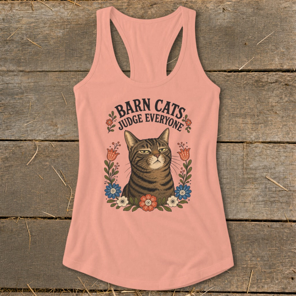 Peach tank top with "Barn Cats Judge Everyone" text and a tabby cat surrounded by flowers.