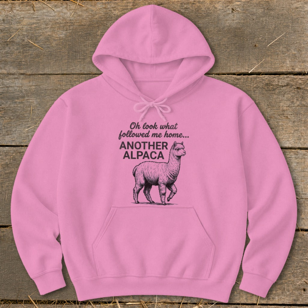 Pink hoodie with "Oh look what followed me home... ANOTHER ALPACA" text and alpaca illustration.