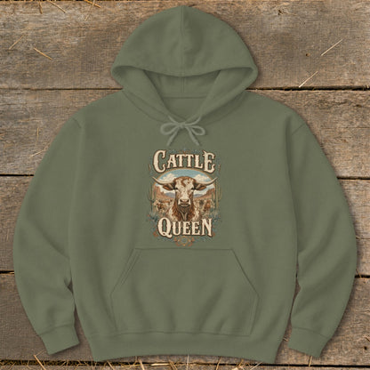 Olive green hoodie with "Cattle Queen" text and a longhorn bull illustration.