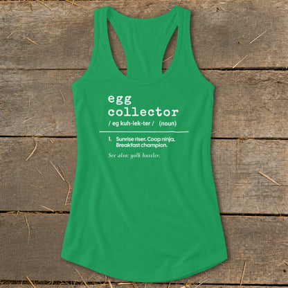 Green tank top with "egg collector" definition and related terms printed in white.